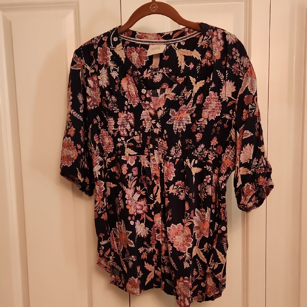 Knox Rose Navy, Pink & Cream Floral Blouse